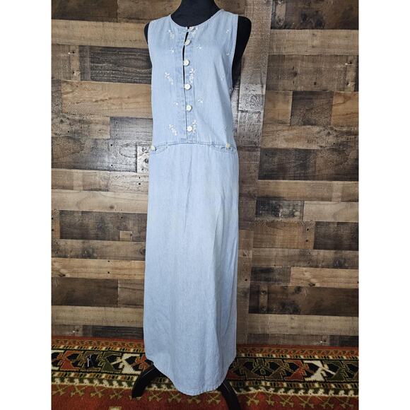 Vintage Baccini Light Denim Dress w/ Embroidered White Flowers Size Med - Picture 1 of 6